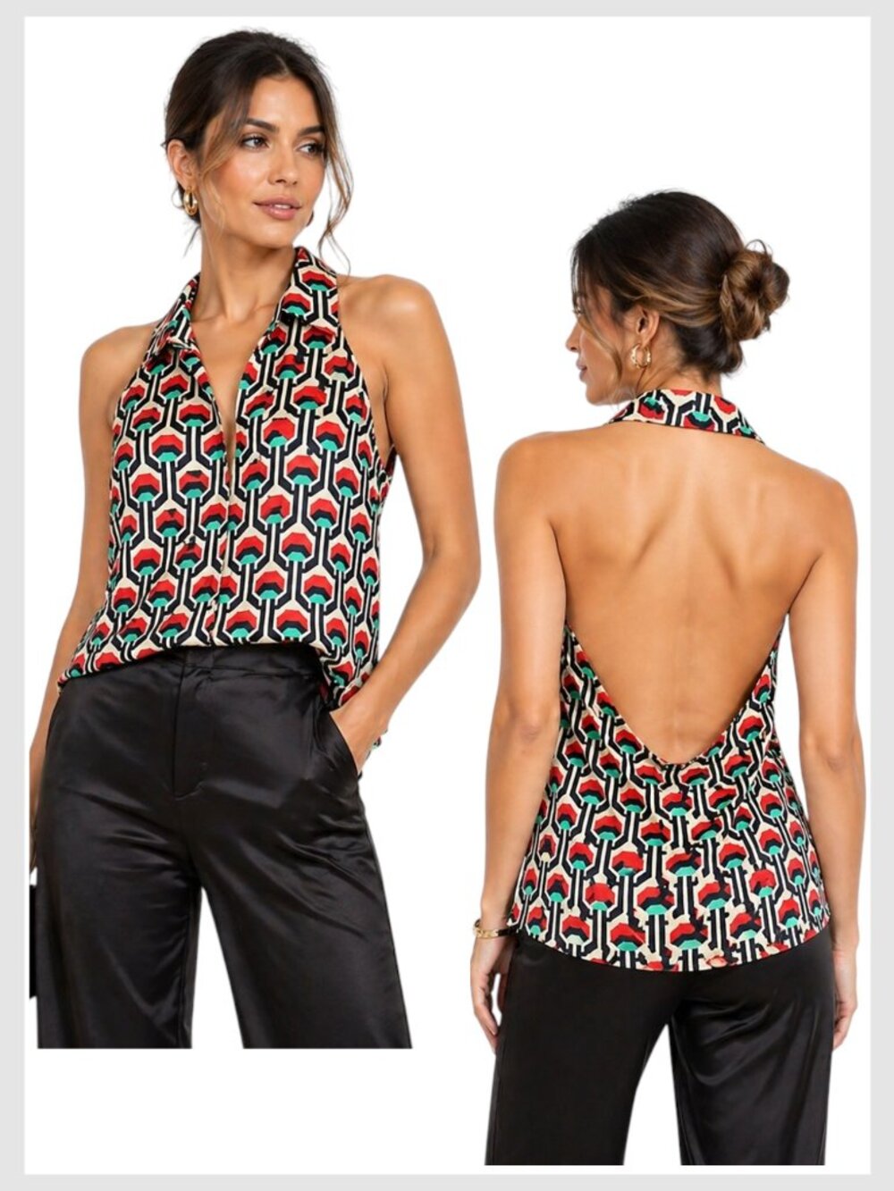 Milly Silk Halter Blouse Red Teal Geo Print Open Back 12